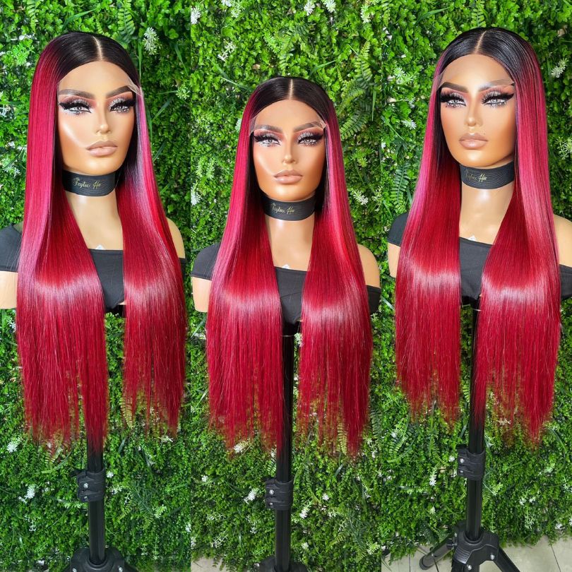 26 inch, 5x5 Burgundy Closure DD Bone Straight Wig